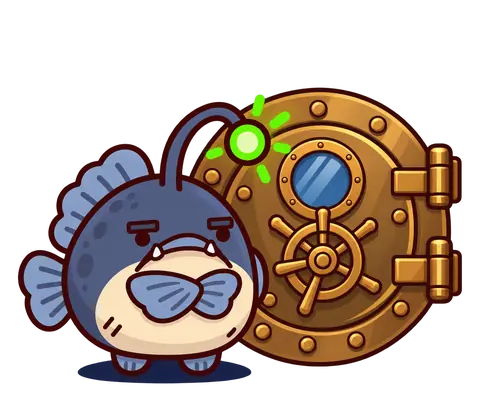Glim stands guard in front of a closed vault door, fins crossed.