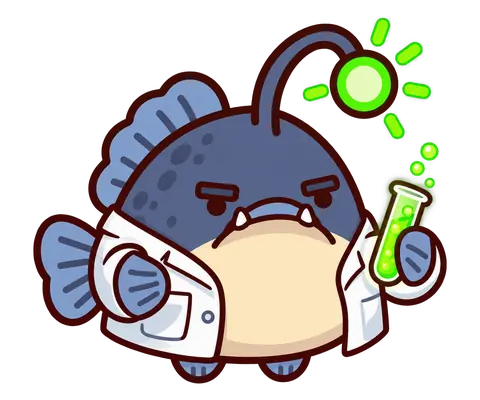 Glim in a lab coat holds a glowing test tube.