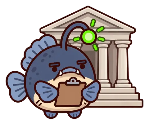 Glim with a clipboard in front of a government building.